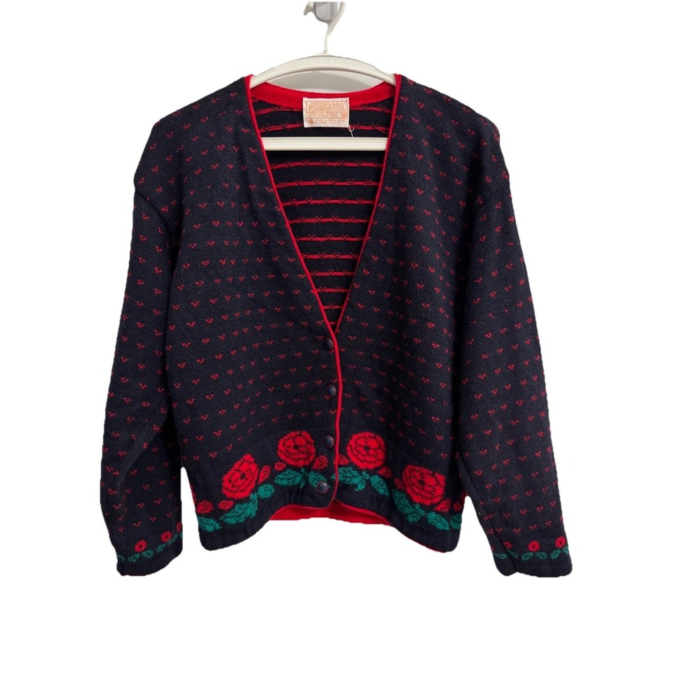 Vtg Pendleton Sz Medium Knit Cardigan Sweater Wool Navy Red Floral Motif USA